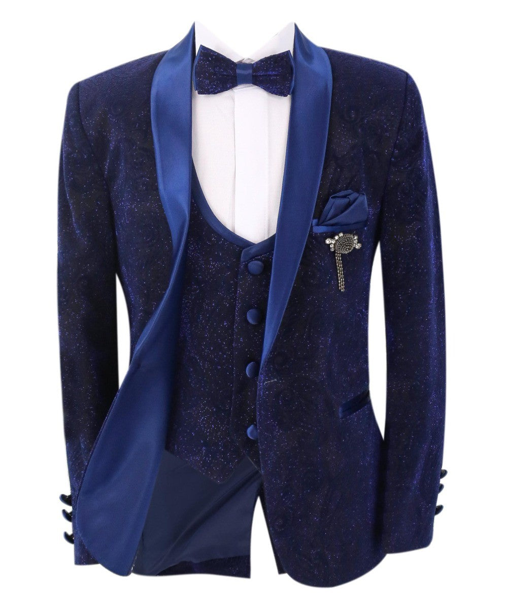 Jungen Glitzernder Slim Fit Navyblauer Tuxedo Anzug - Navyblau