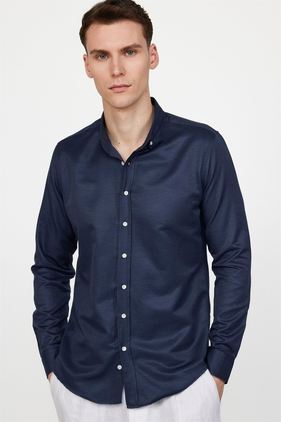 Chemise en coton ajustée à col boutonné - GABARDIN - Marine