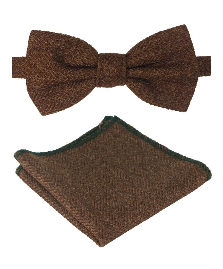 Ensemble Nœud Papillon et Mouchoir de Poche en Tweed à Motif Chevron pour Garçons et Hommes - Brun Cannelle