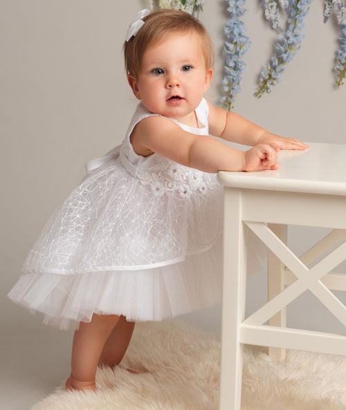 Robe en dentelle avec superposition transparente à jupe asymétrique pour bébés filles - ANNIE - Blanc