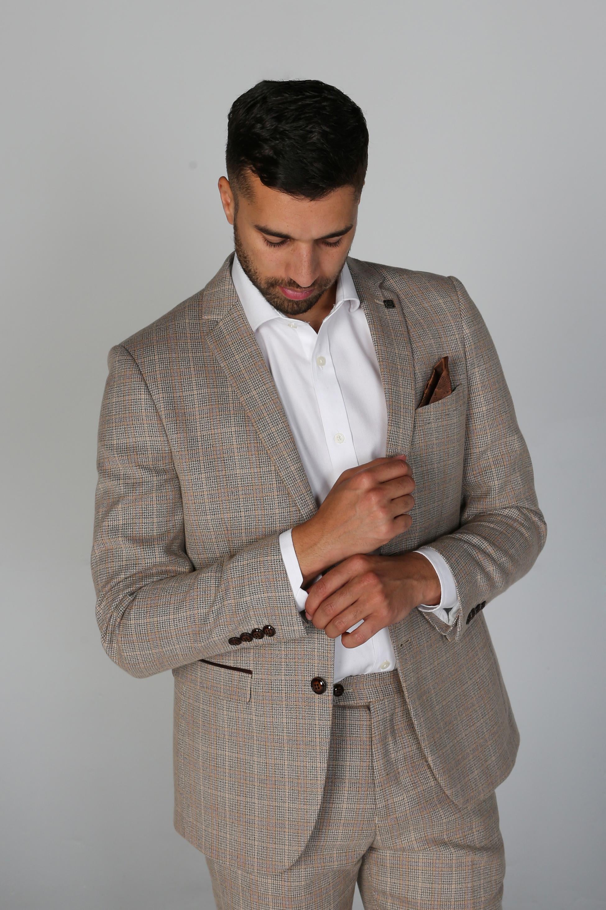 Men's Houndstooth Tweed Check Suit Jacket - HOLLAND - Beige