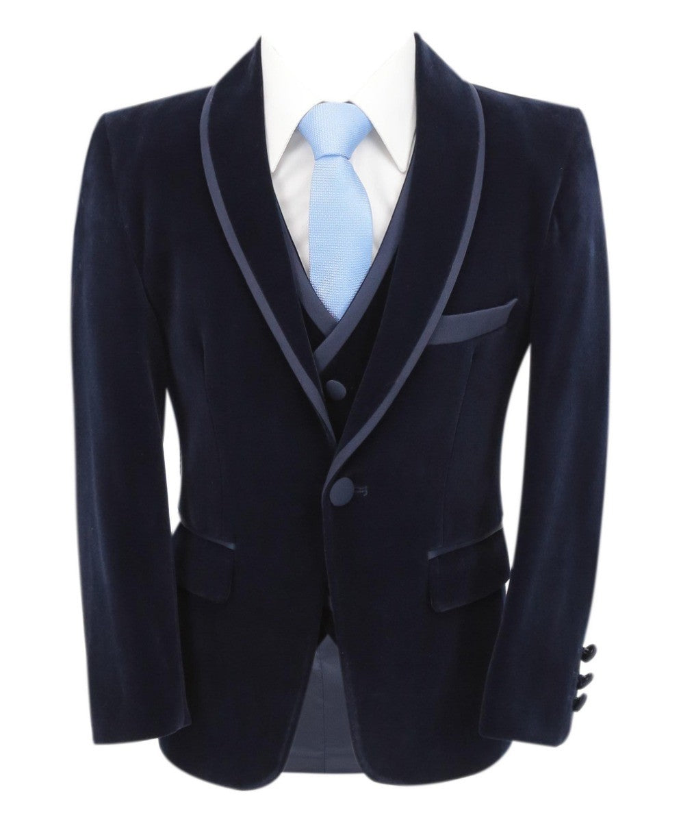 Costume de Smoking en Velours à Passepoil Slim Fit pour Garçons - LONDON - Bleu Marine