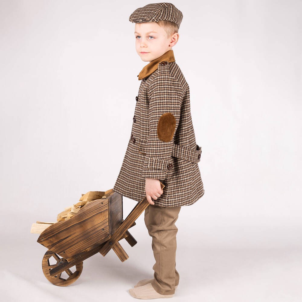 Ensemble Manteau en Tweed à Pied-de-Poule avec Casquette pour Garçons - Marron