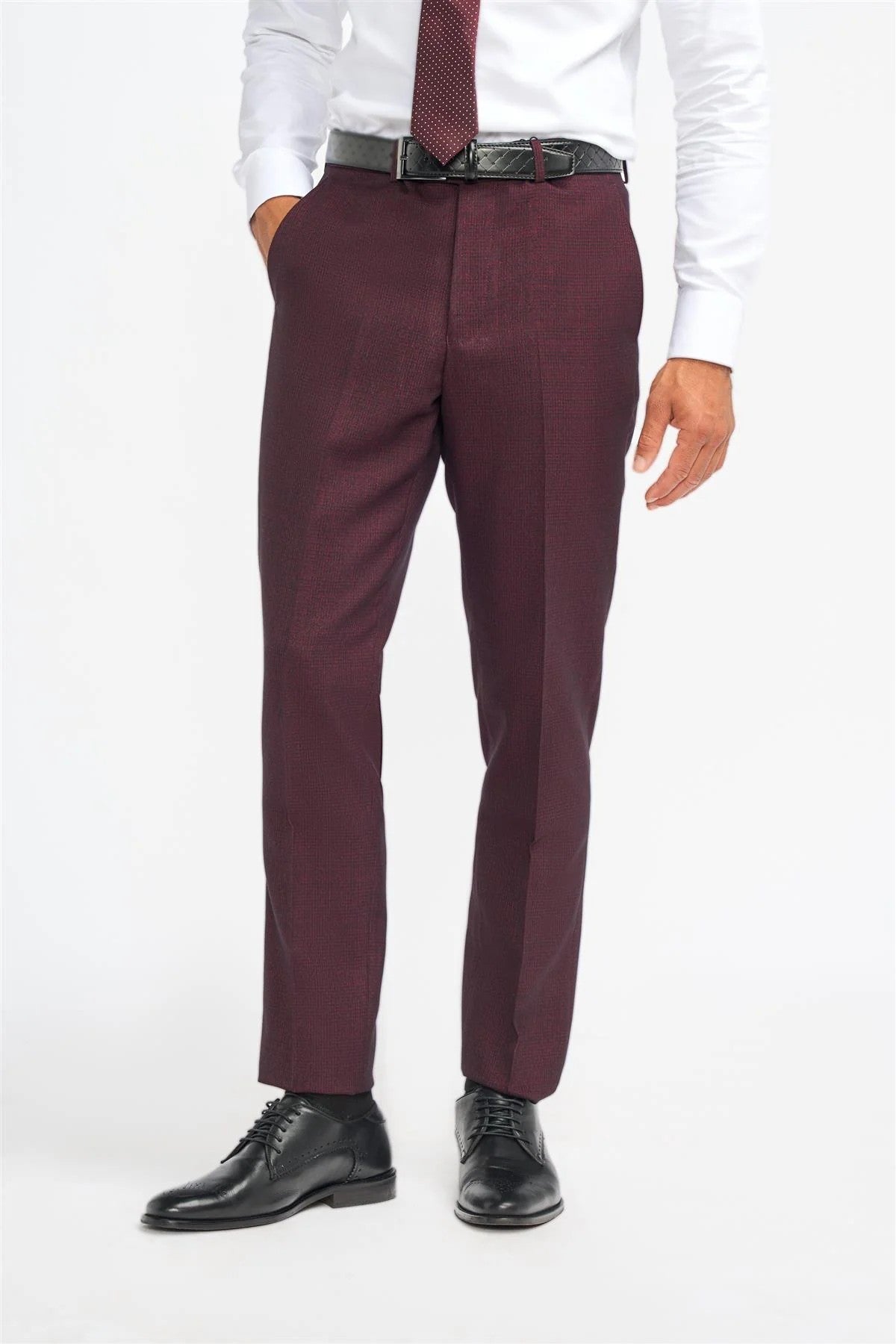 Men's Slim Fit Tweed Check Pants - CARIDI WINE - Wine