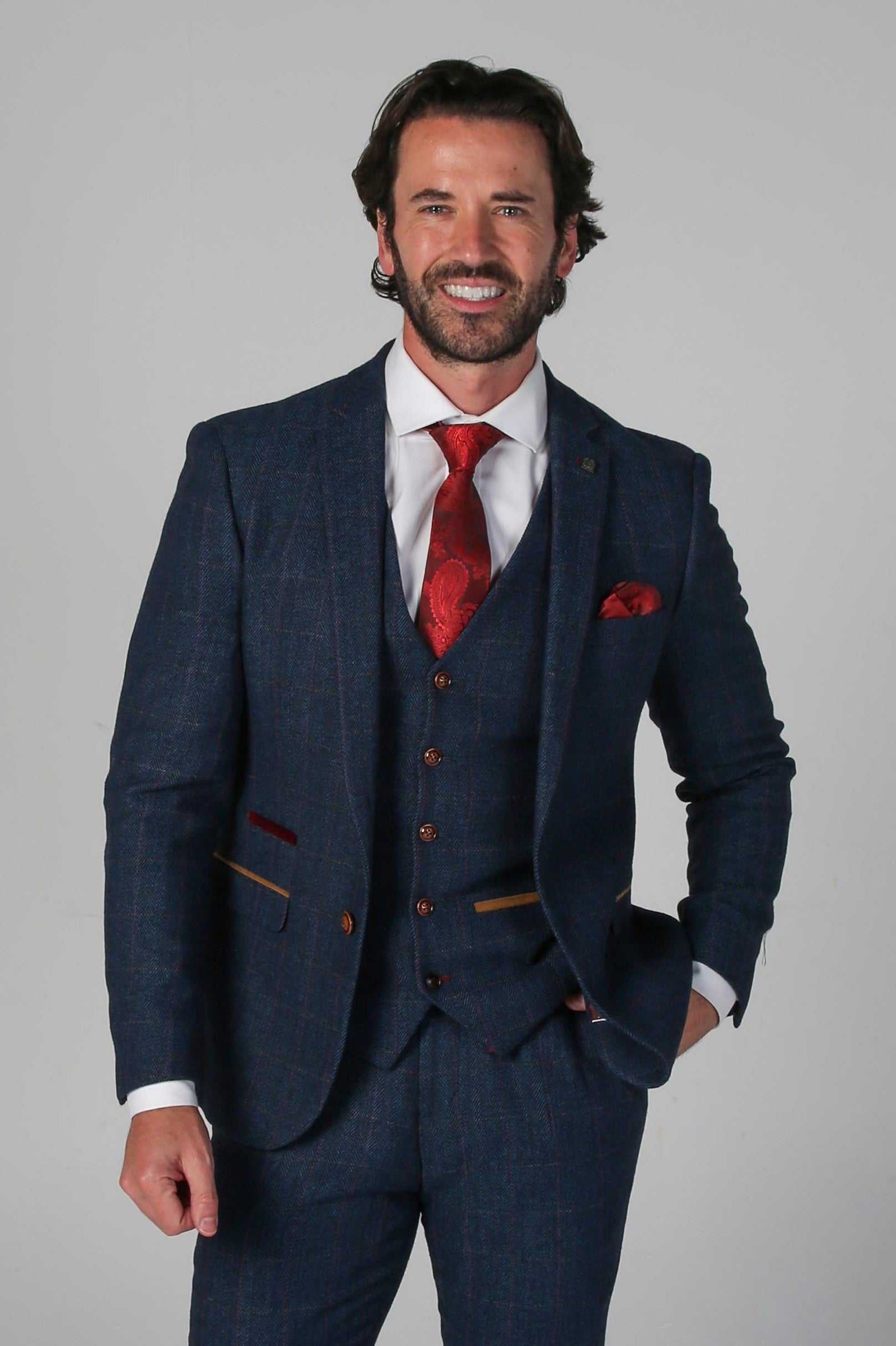 Men's Tweed Herringbone Tailored Fit Suit Jacket - SCOTT - Navy Blue