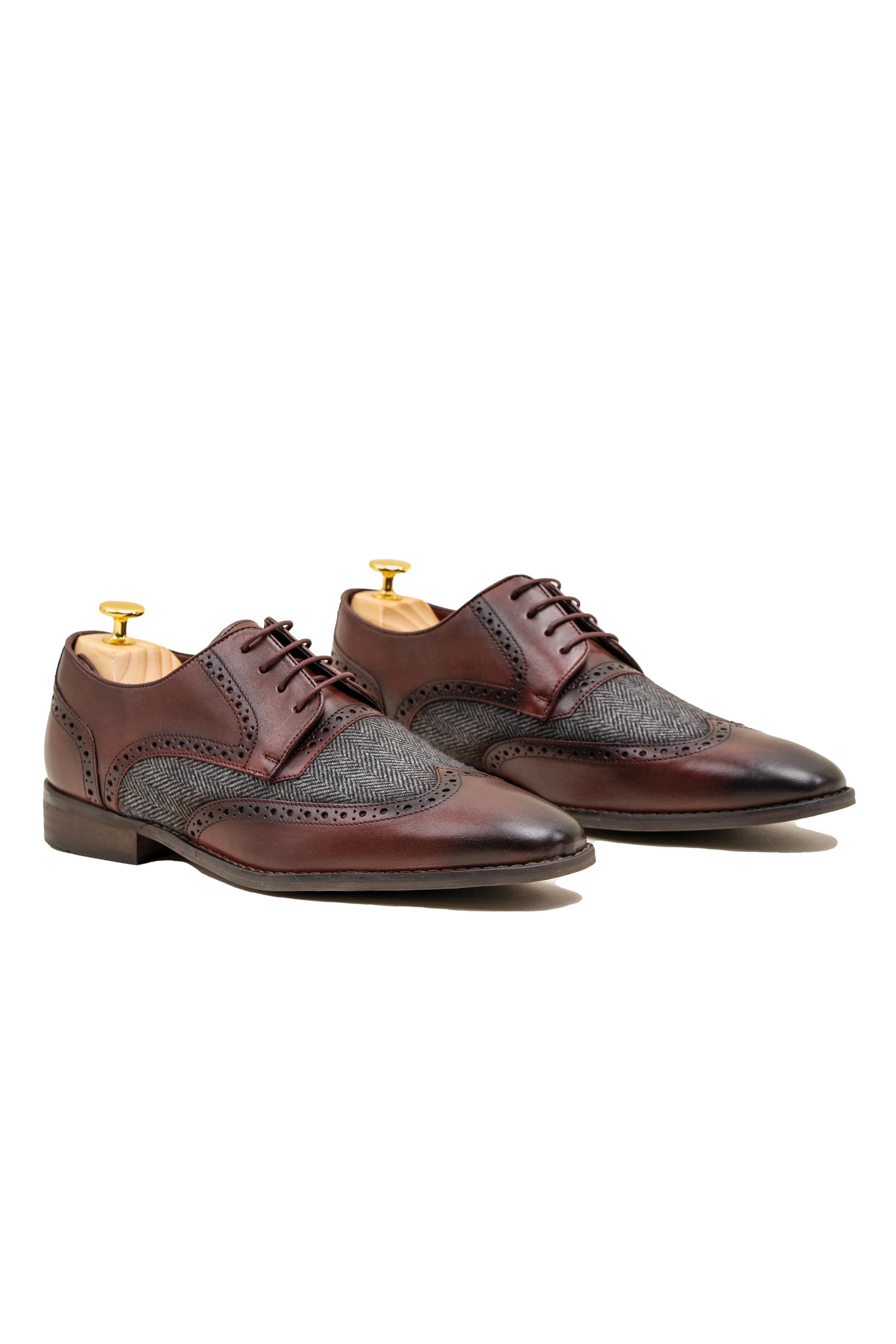 Herren Echtleder & Tweed Brogue Schuhe - FARO - Burgunder