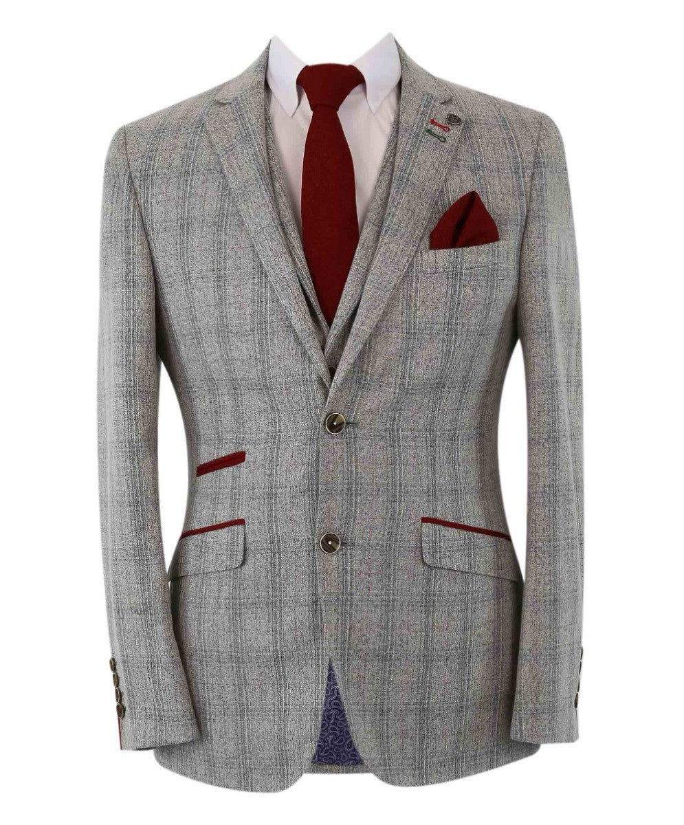 Veste de Costume en Tweed à Motif Check Gris Slim Fit pour Homme - ANDREW - Gris