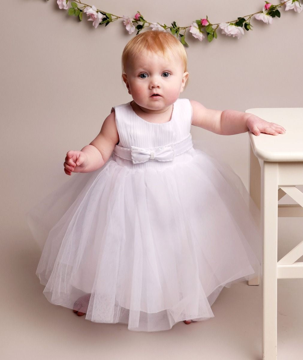 Baby Girls Pleated Bodice Christening Dress - CINDY - White