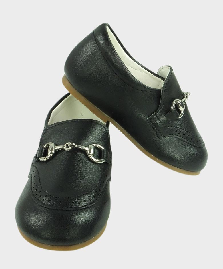 Boys Leather Moccasin Loafers with Silver Horsebit - Black