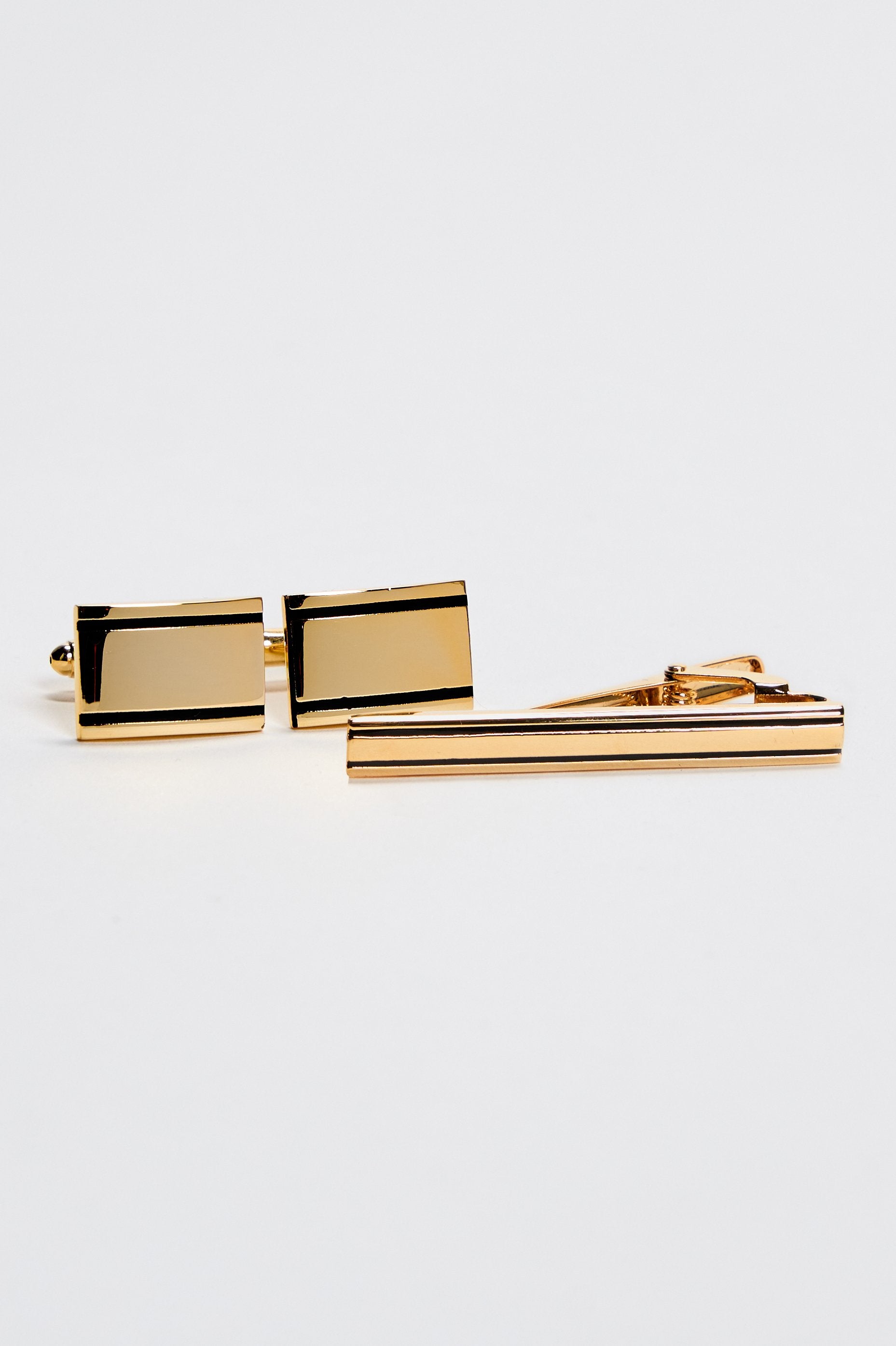 Men's Gold Rectangular Cufflinks and Tie Clip Set