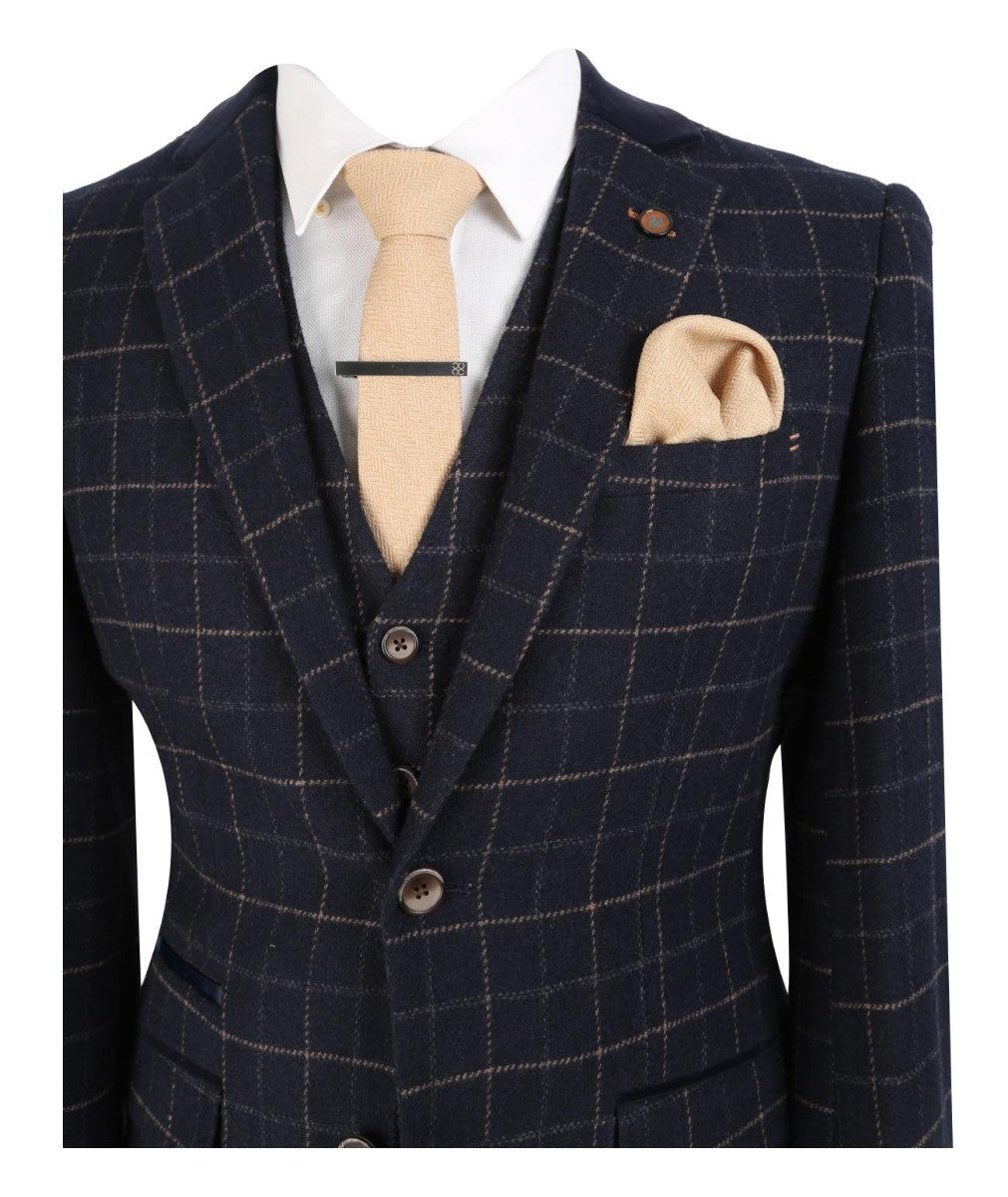 Men's Tweed Check Slim Fit Navy Suit Jacket- SHELBY - Navy Blue