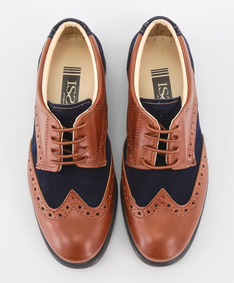 Chaussures Derby Brogue en Cuir Verni et Suède pour Garçons - Marron Clair - Bleu Marine