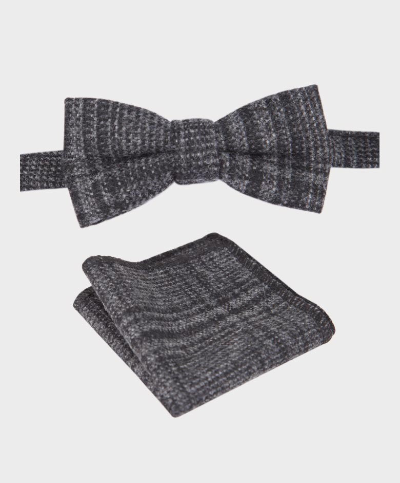 Ensemble Nœud Papillon et Mouchoir en Tweed à Carreaux Gris Charbon pour Garçons - Gris Charbon