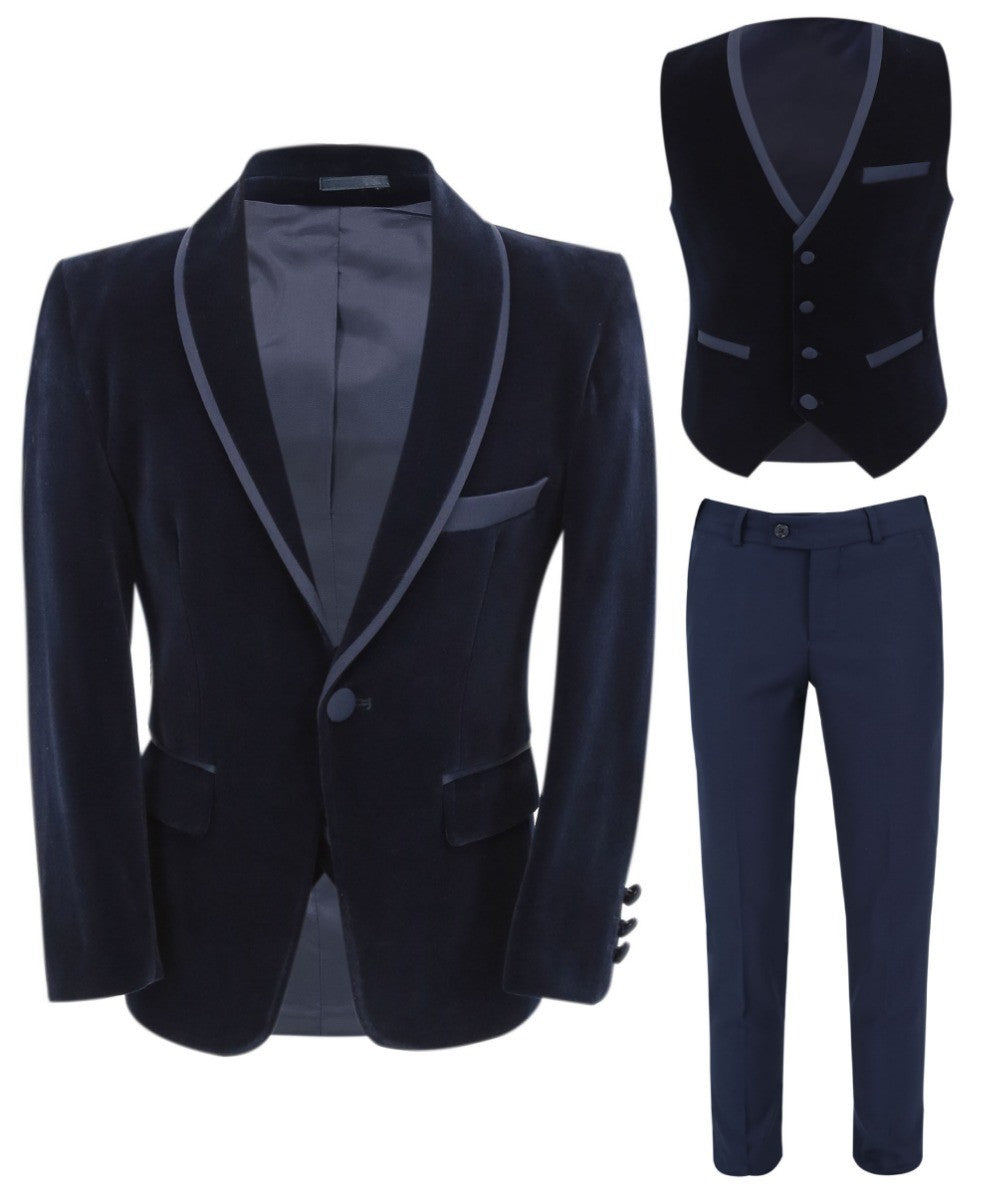 Costume de Smoking en Velours à Passepoil Slim Fit pour Garçons - LONDON - Bleu Marine