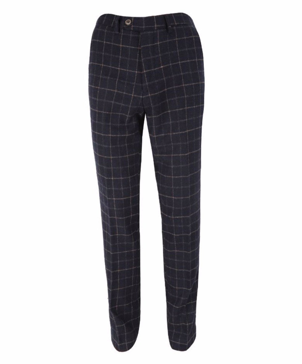 Men's Tweed Check Slim Fit Navy Trousers - SHELBY - Navy Blue