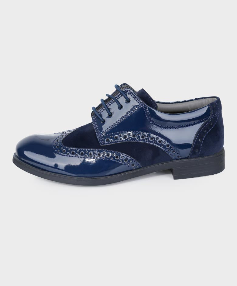 Chaussures Derby Brogue en Cuir Verni et Suède pour Garçons - Bleu Marine