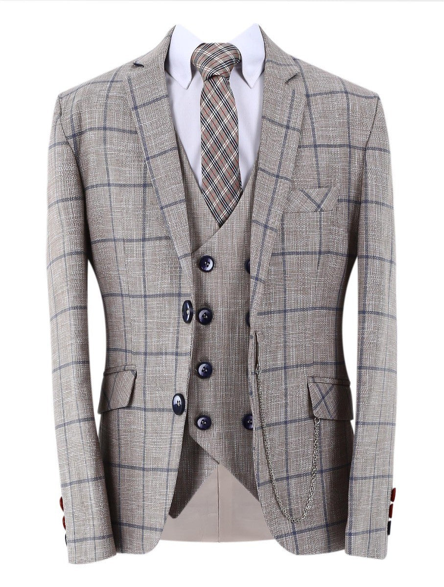 Costume Slim Fit à Carreaux Windowpane pour Garçons - Beige