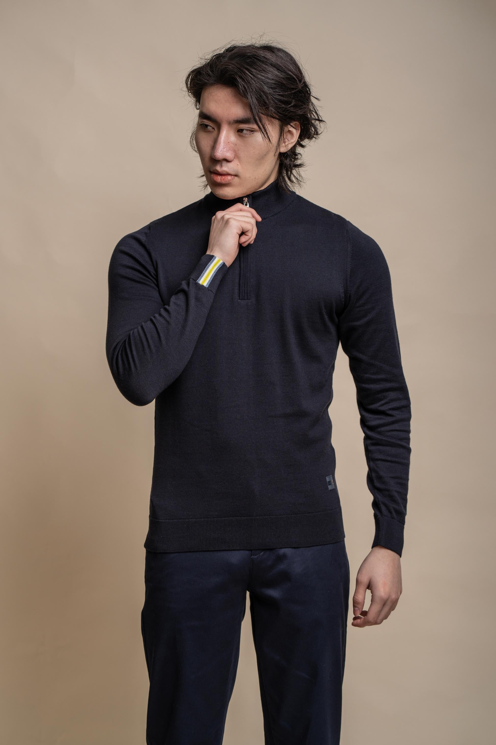 Pull en coton décontracté à demi-zip pour hommes - AVANTI - Bleu Marine