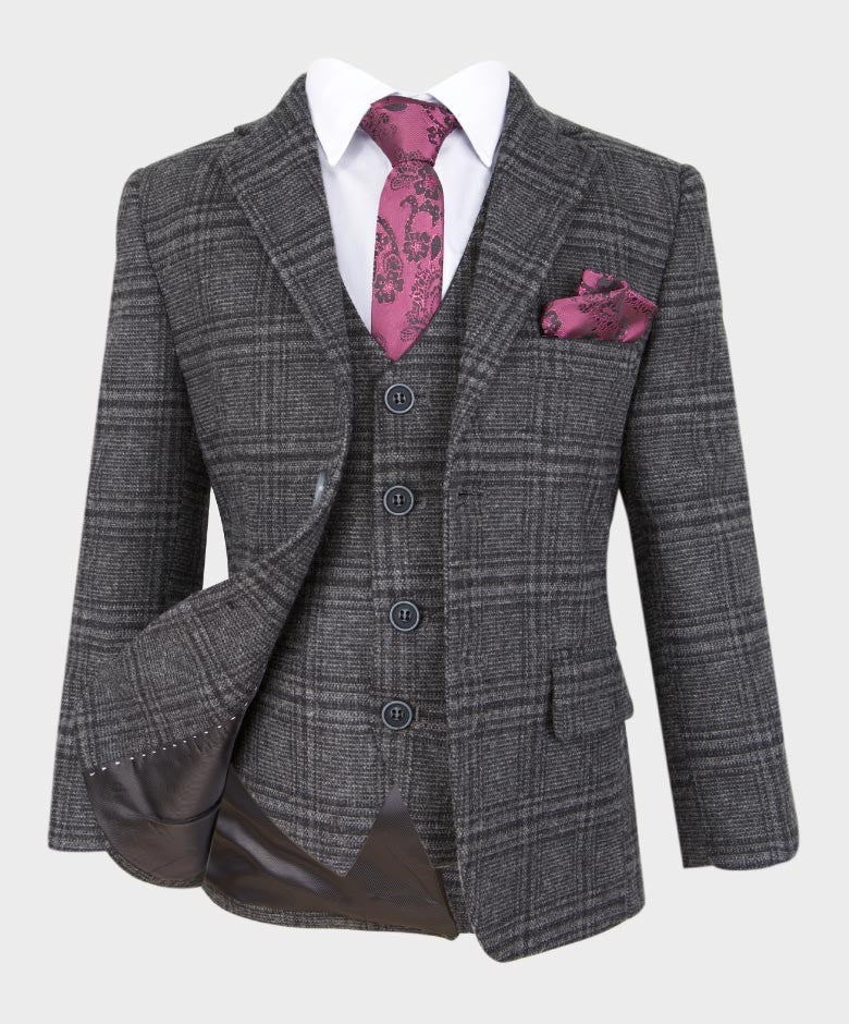 Costume en Tweed à Carreaux Tailored Fit pour Garçons - HURRICANE - Gris Charbon