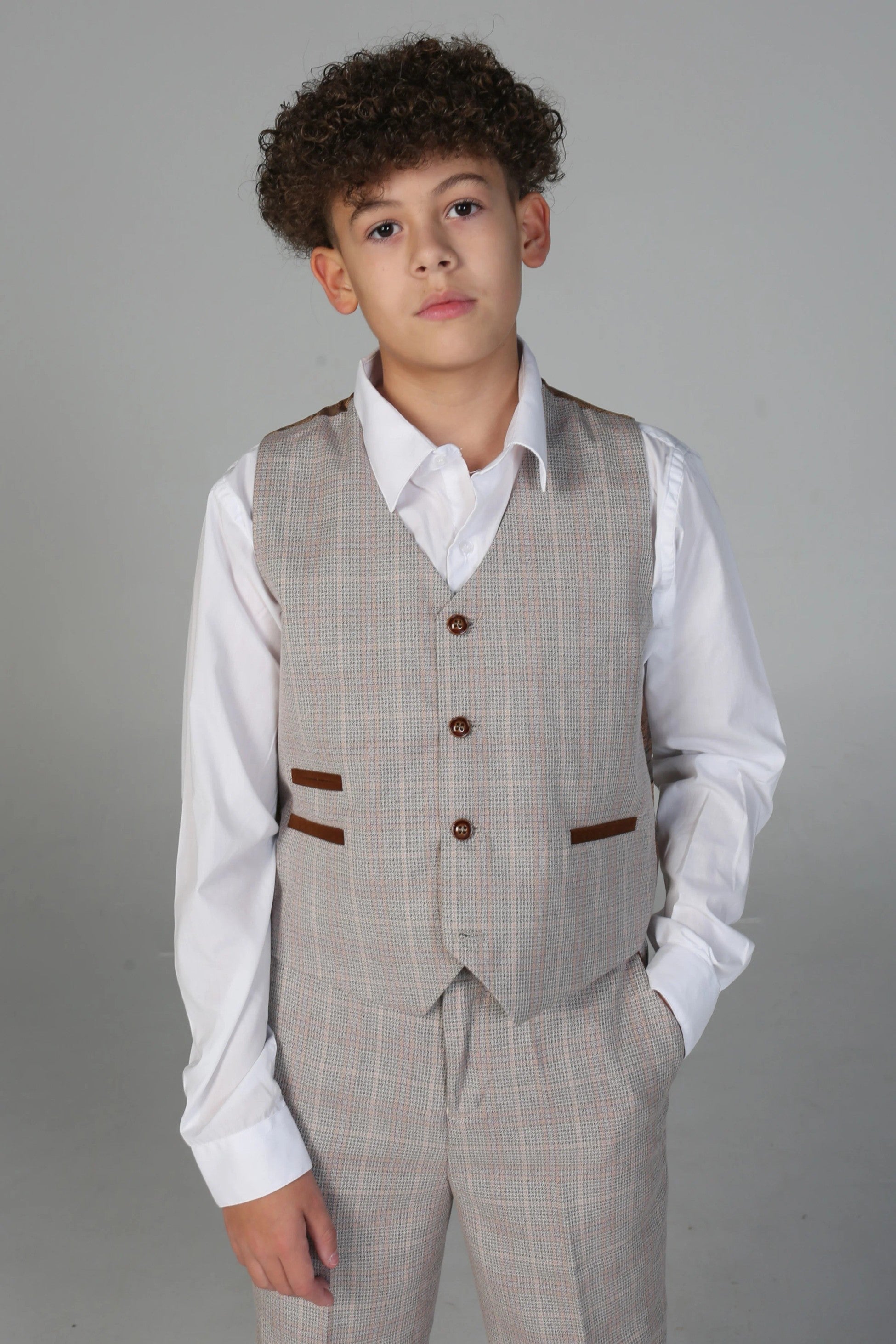 Jungen Maßgeschneiderter Tweed Karo Anzug – LEO - Beige