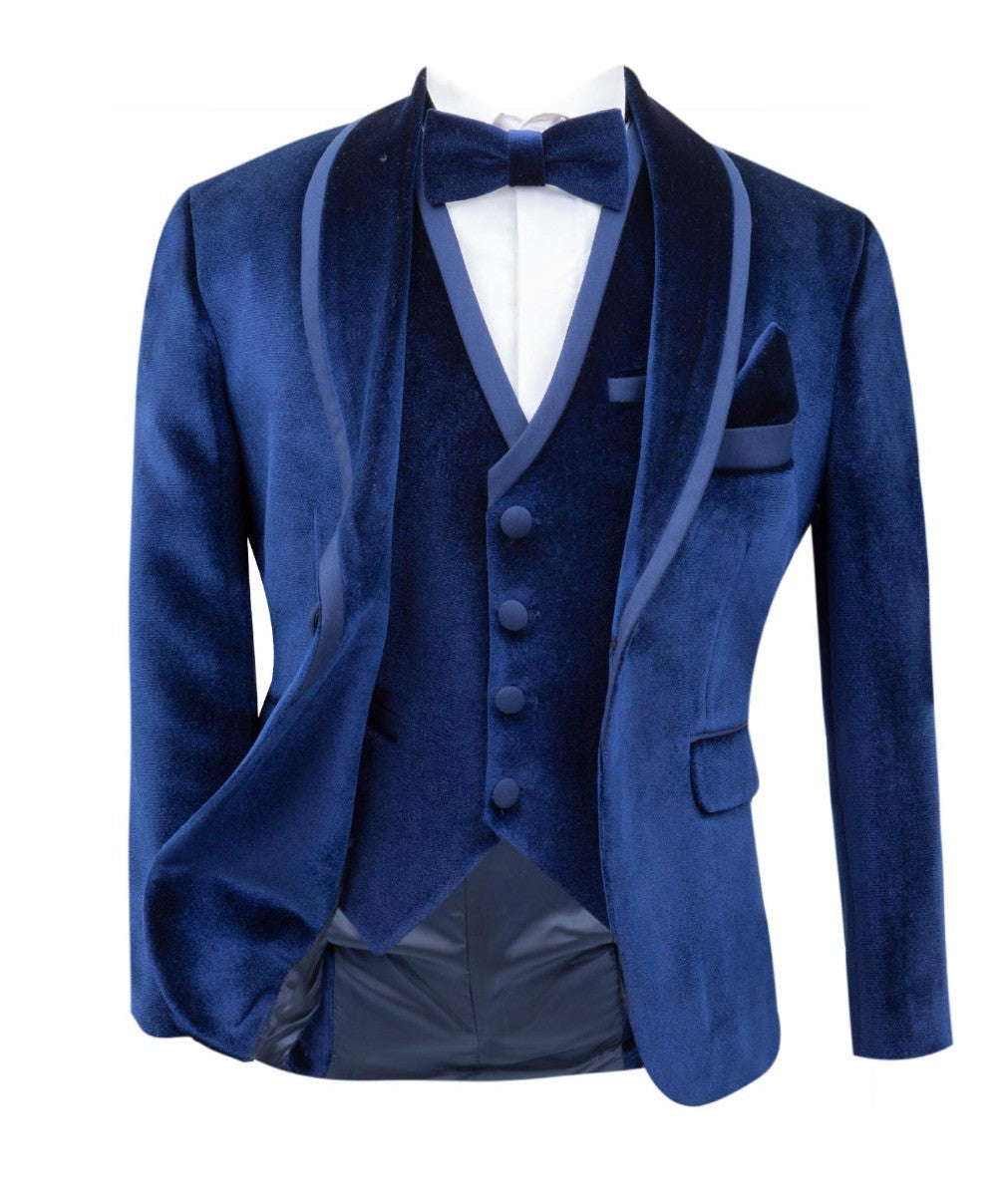 Costume de Smoking en Velours à Revers Brillant pour Garçons - Bleu Marine