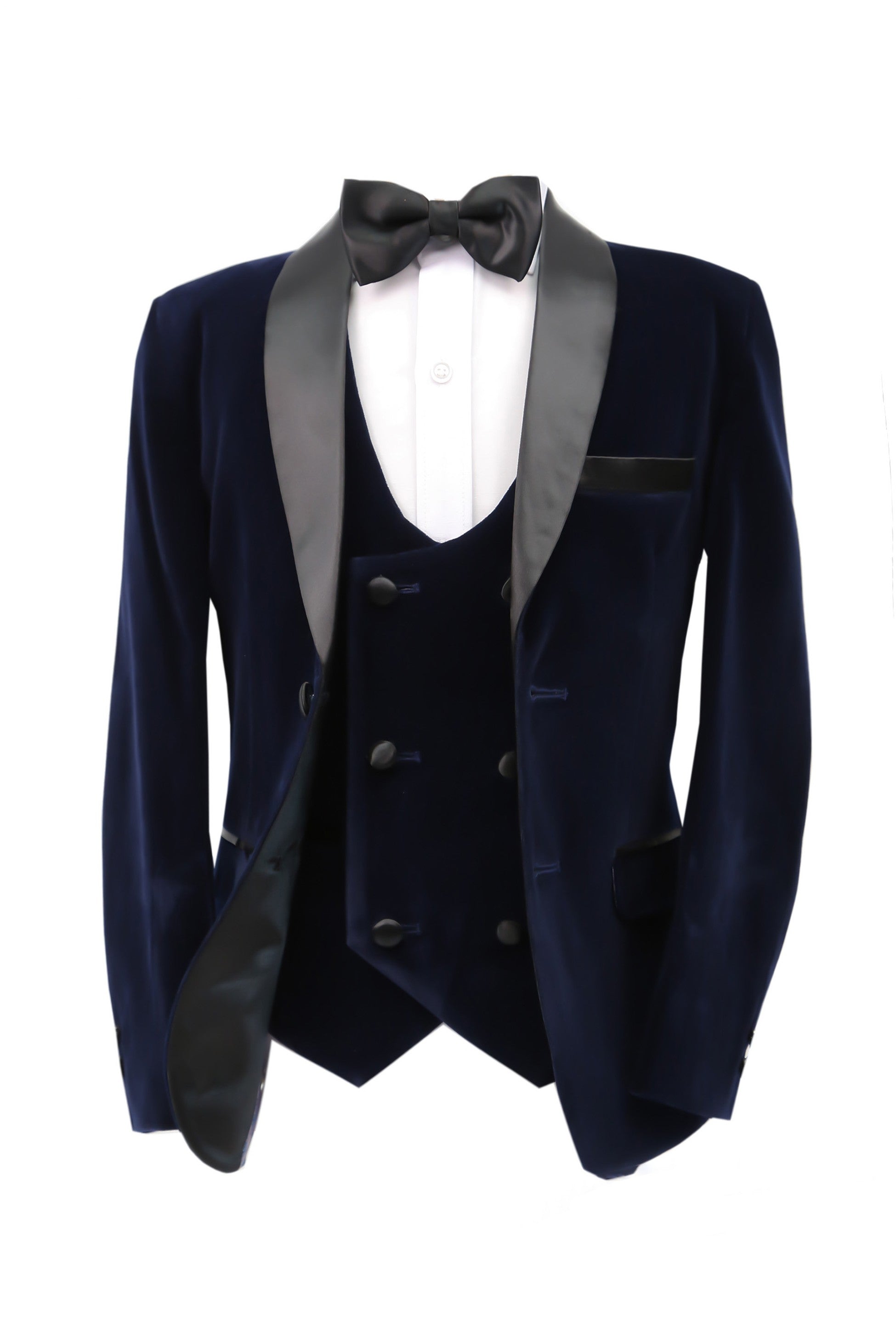 Ensemble Costume de Smoking en Velours avec Gilet Double Bouton pour Garçons - Bleu Marine