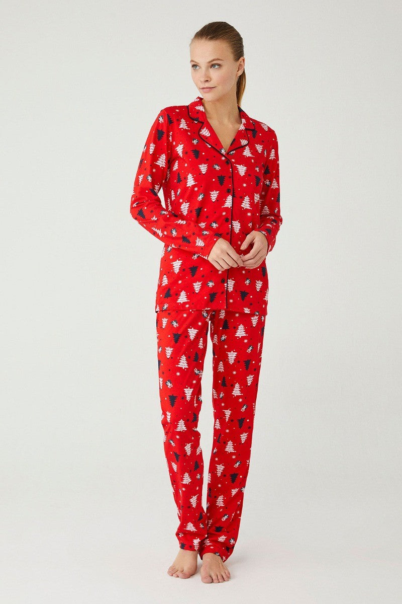 Damen Gemusterter Roter Pyjama - Rot