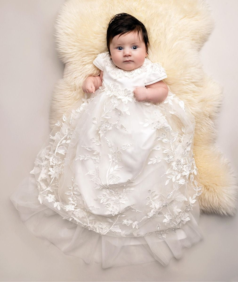 Baby Mädchen Blumen Spitzen Offwhite Taufkleid - KRYSTAL - Offwhite