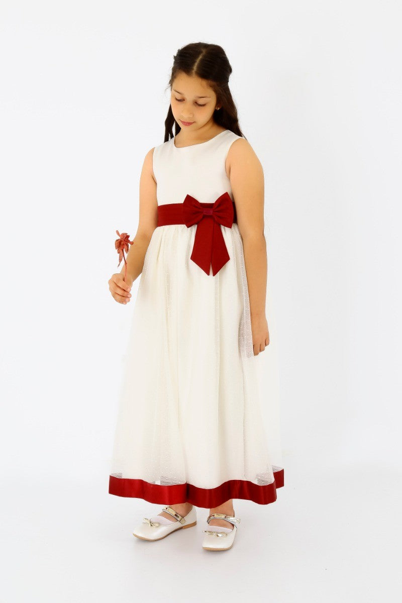 Girls Sleeveless Tulle Communion Dress - White - Burgundy