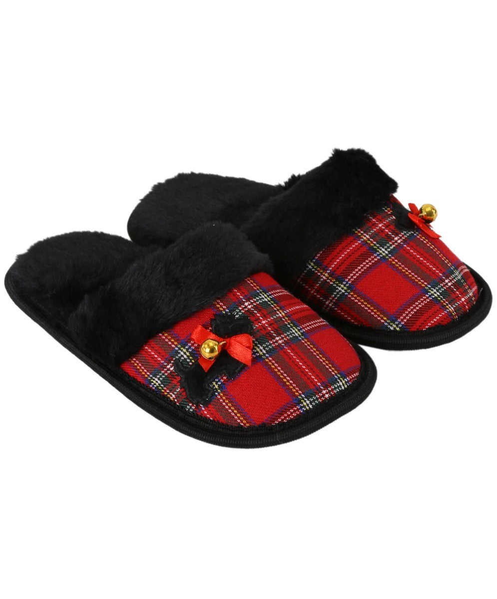 Girls Tartan Fur Slip On Slippers - Red