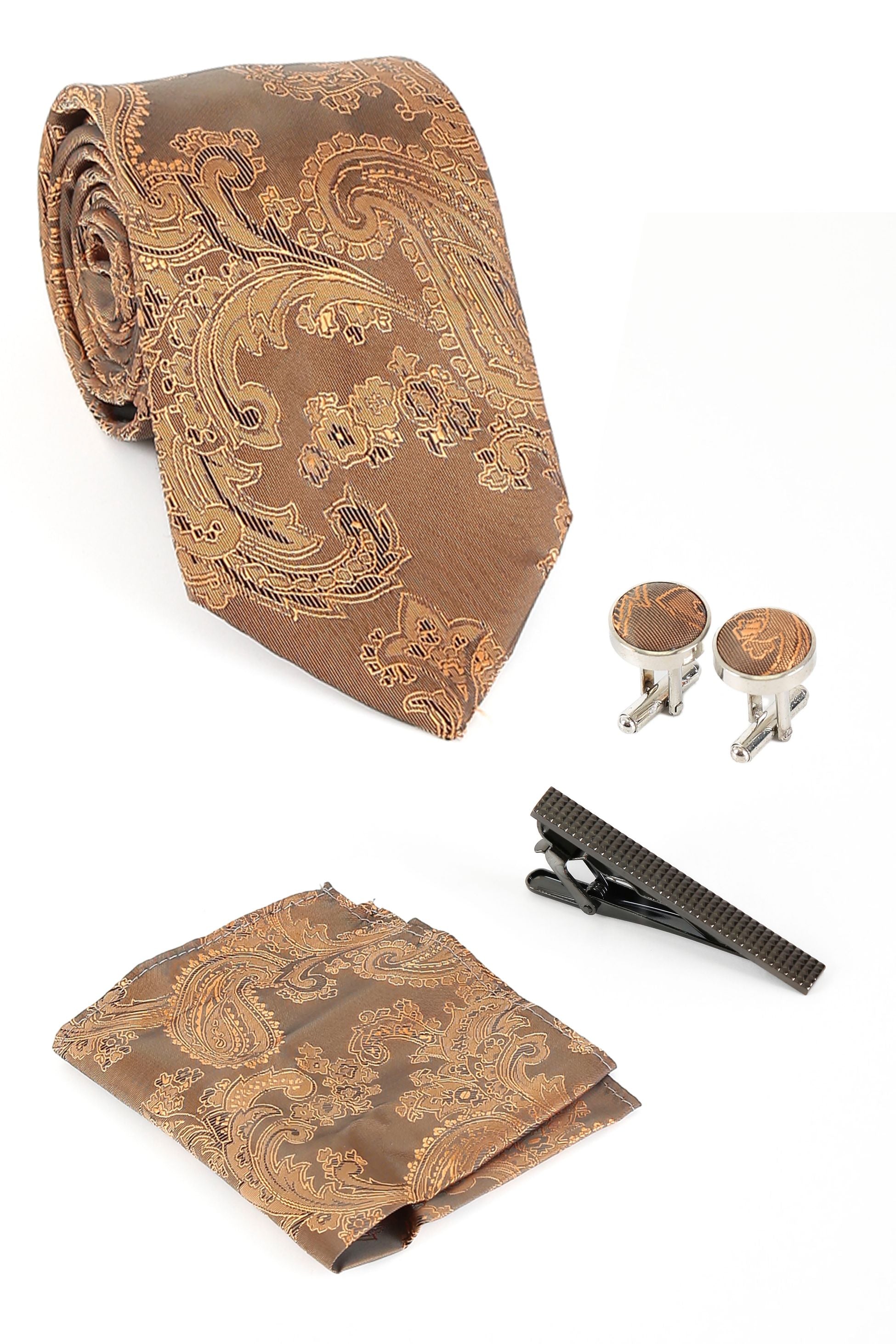 Ensemble cravate et boutons de manchette paisley pour hommes - Marron or