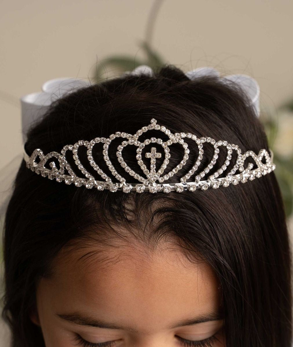 Mädchen Weißer Kristall Kreuz Tiara Schleier - CMV802