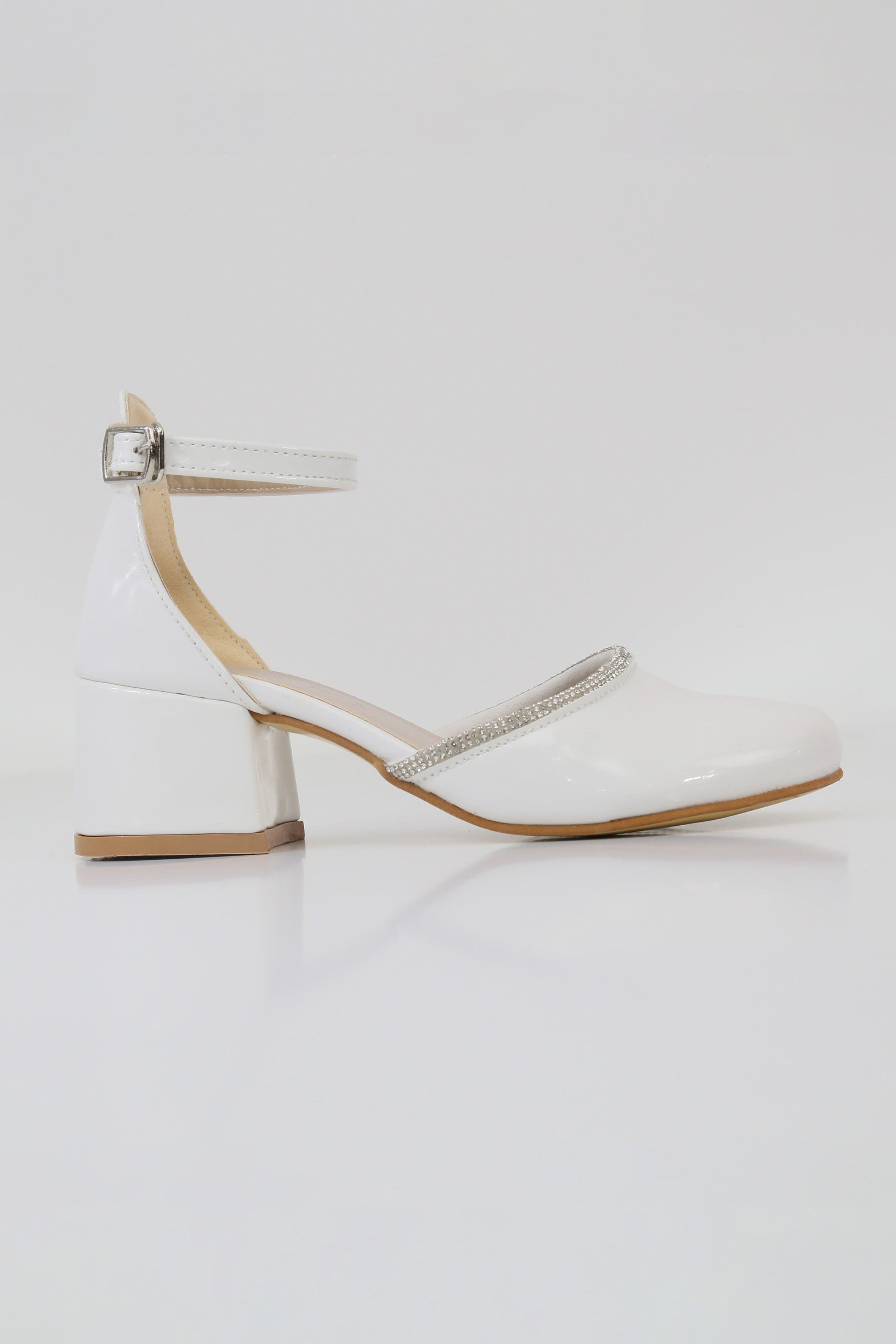 Chaussures à talons blocs vernies blanches avec bord en strass pour filles - CHARM - Blanc