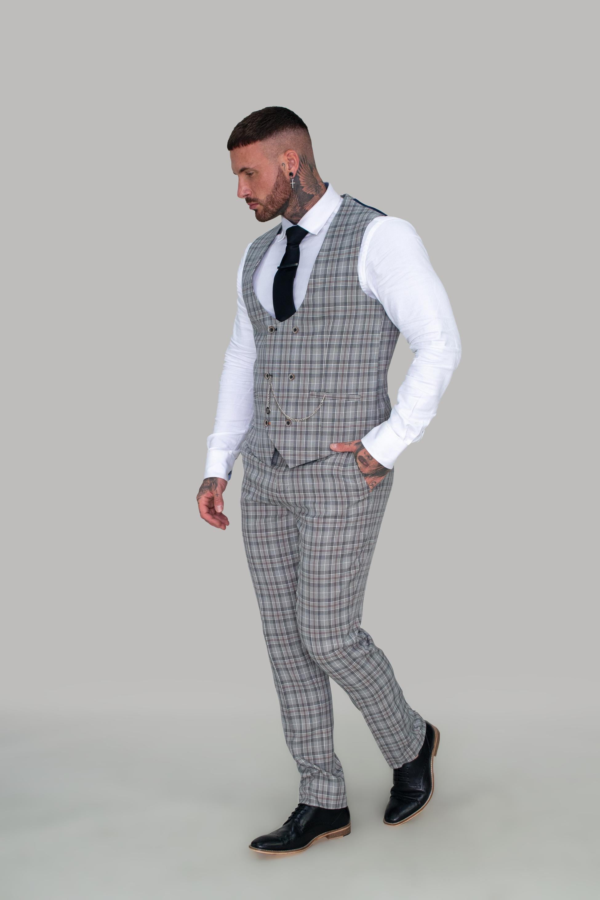 Men's Retro Check Skinny Fit Trousers- CALLIE Grey - Grey