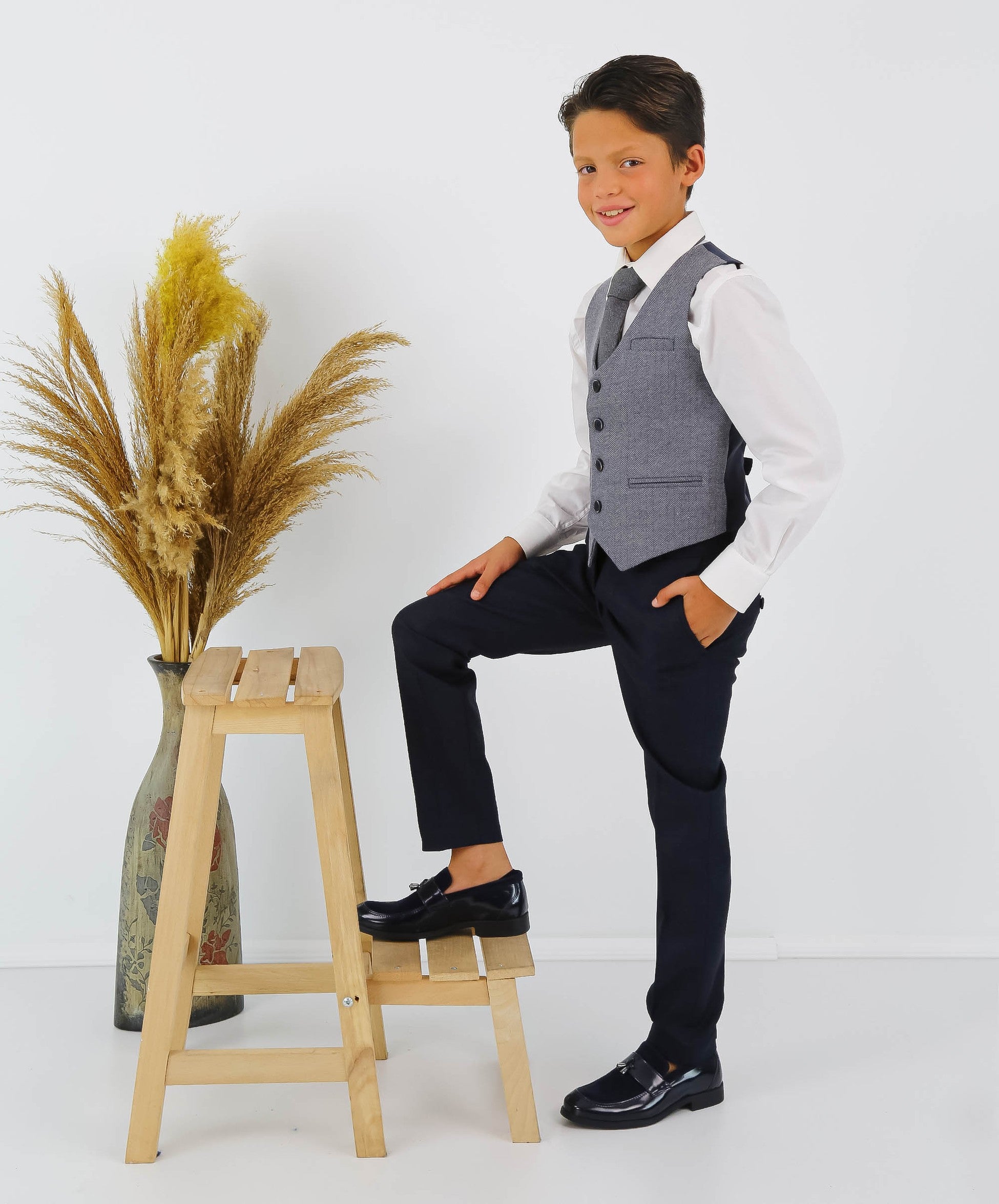 Boys Herringbone Tweed Waistcoat Suit - Navy Blue