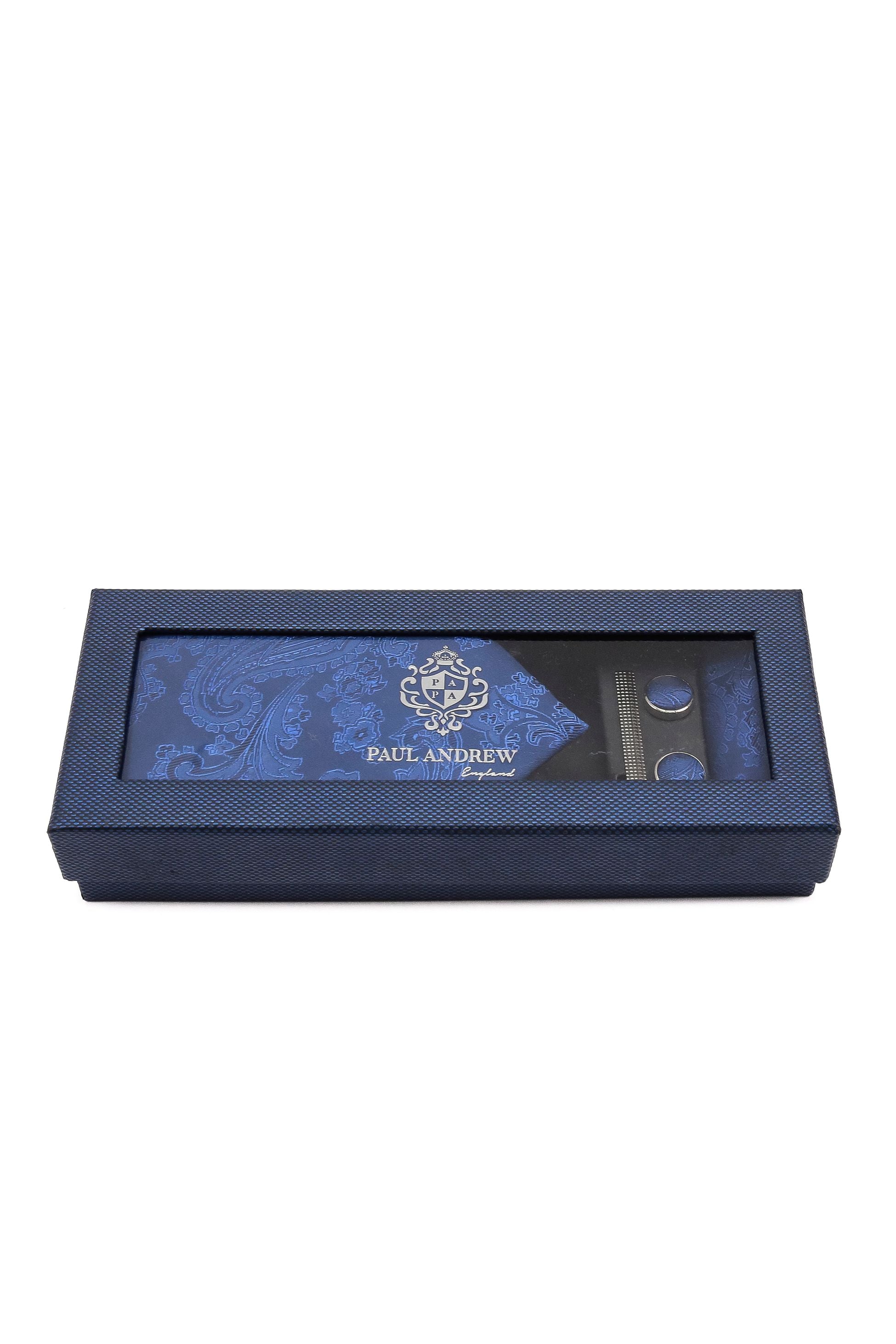 Ensemble cravate et boutons de manchette paisley pour hommes - Bleu royal