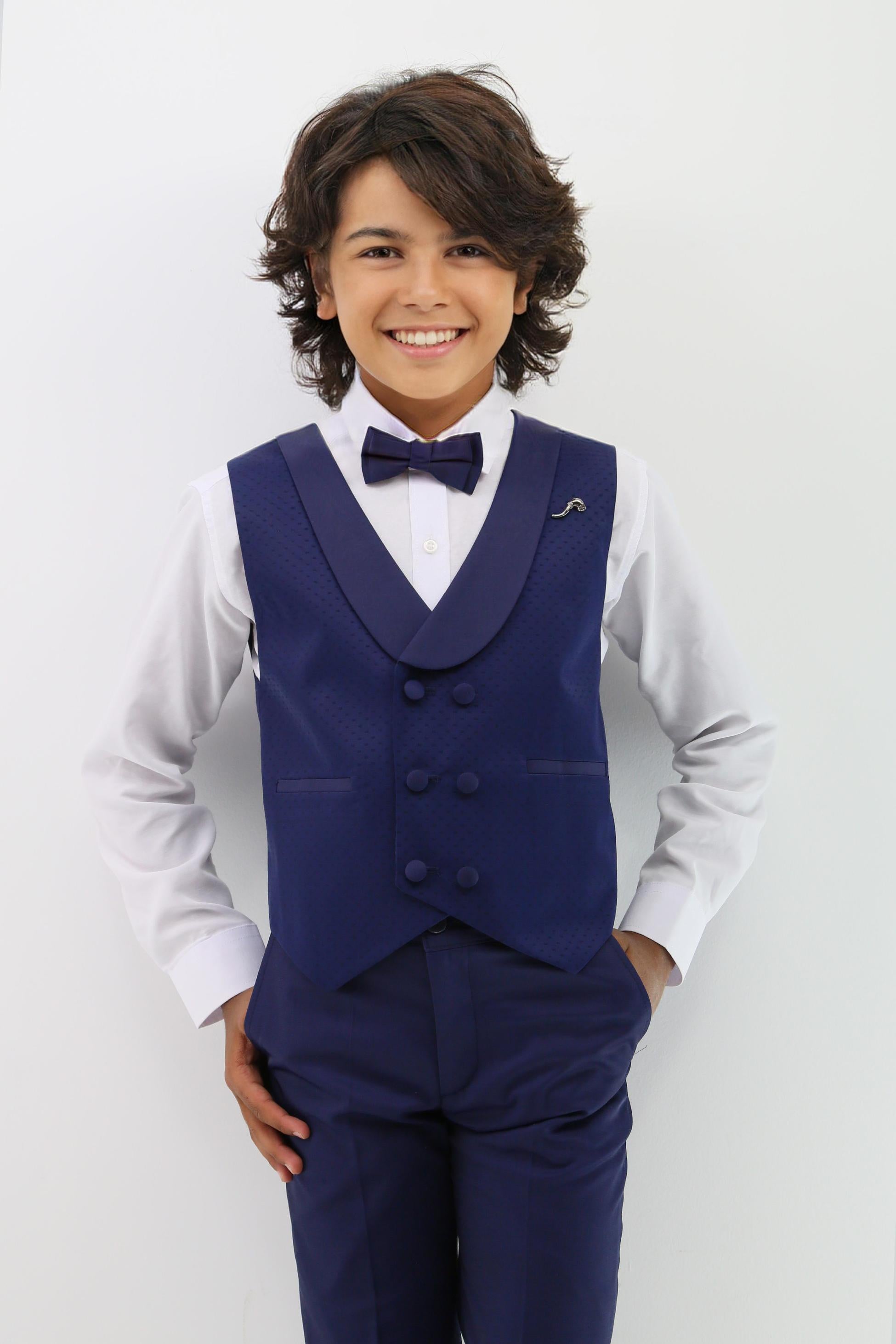 Baby & Boys Shawl Lapel Dotted Navy Waistcoat Suit Set - Navy Blue