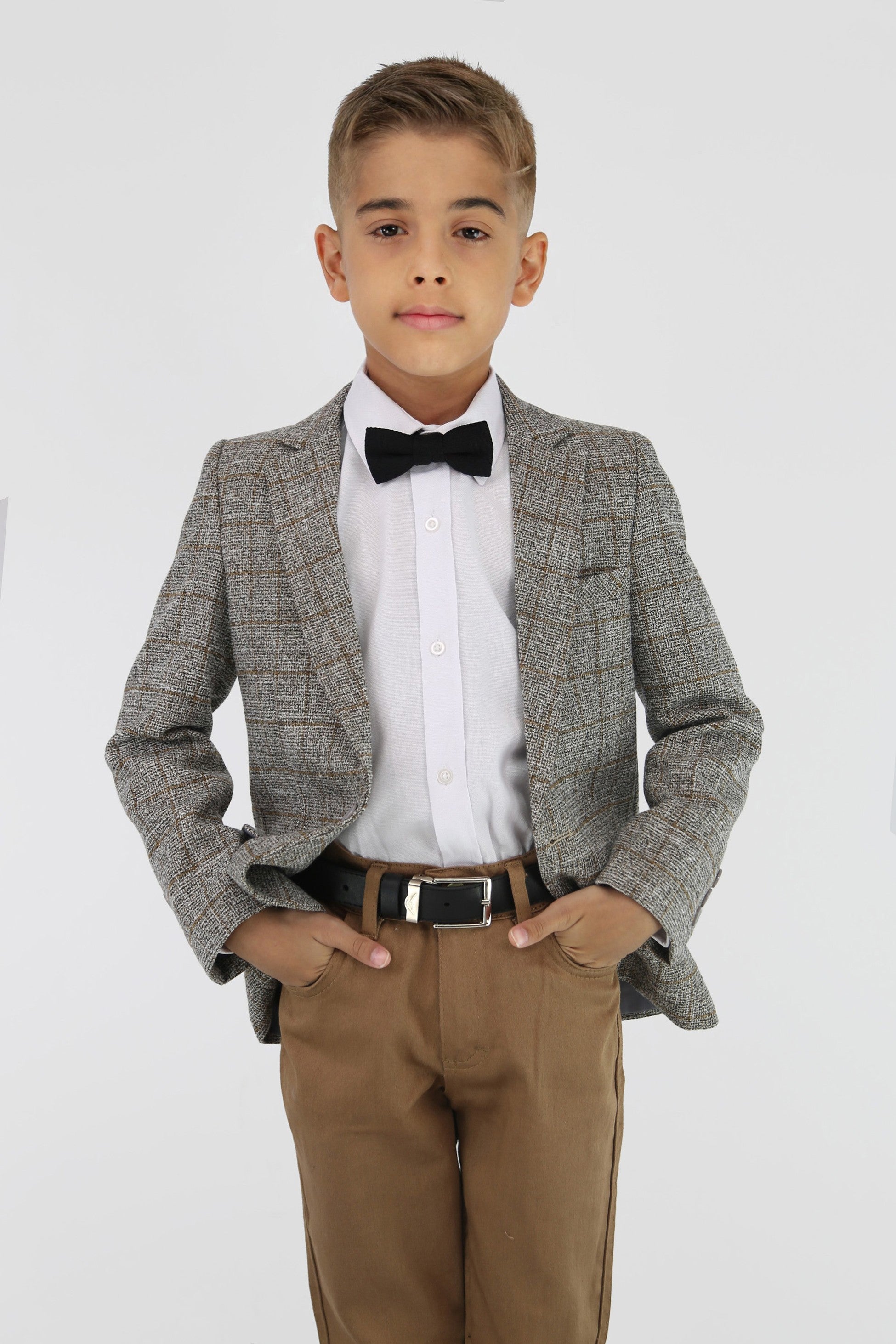 Jungen Baumwoll-Mischgewebe Tweed-ähnlicher Karo Blazer - Beige