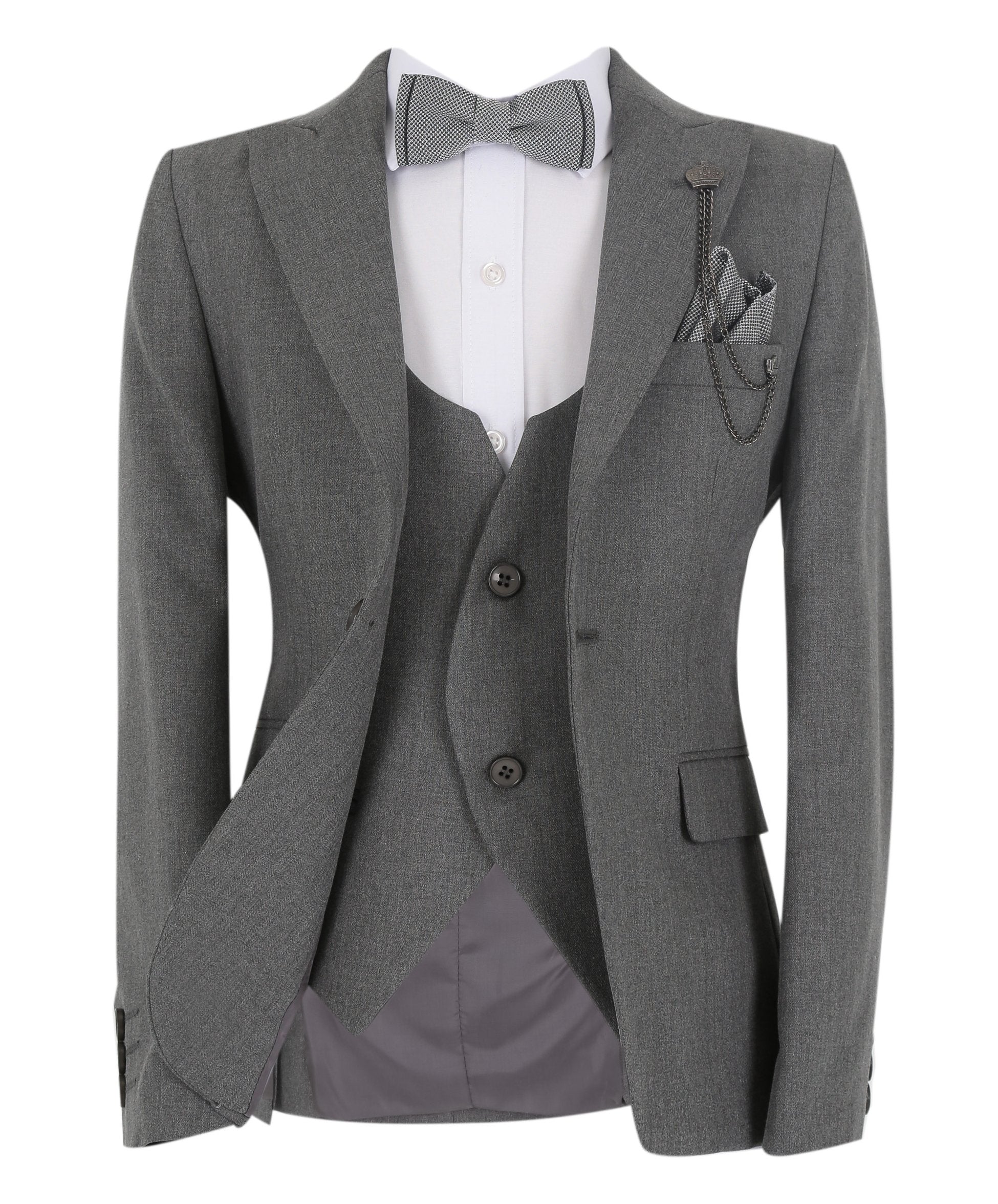 Boys Slim Fit Herringbone 8 Piece Suit Set - KING - Grey