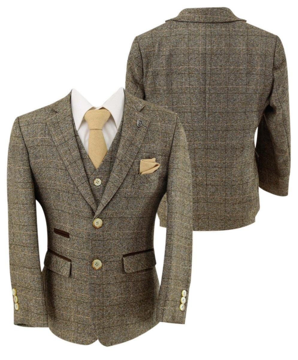 Costume en Tweed à Carreaux Tailored Fit Beige pour Garçons - LIAM - Beige