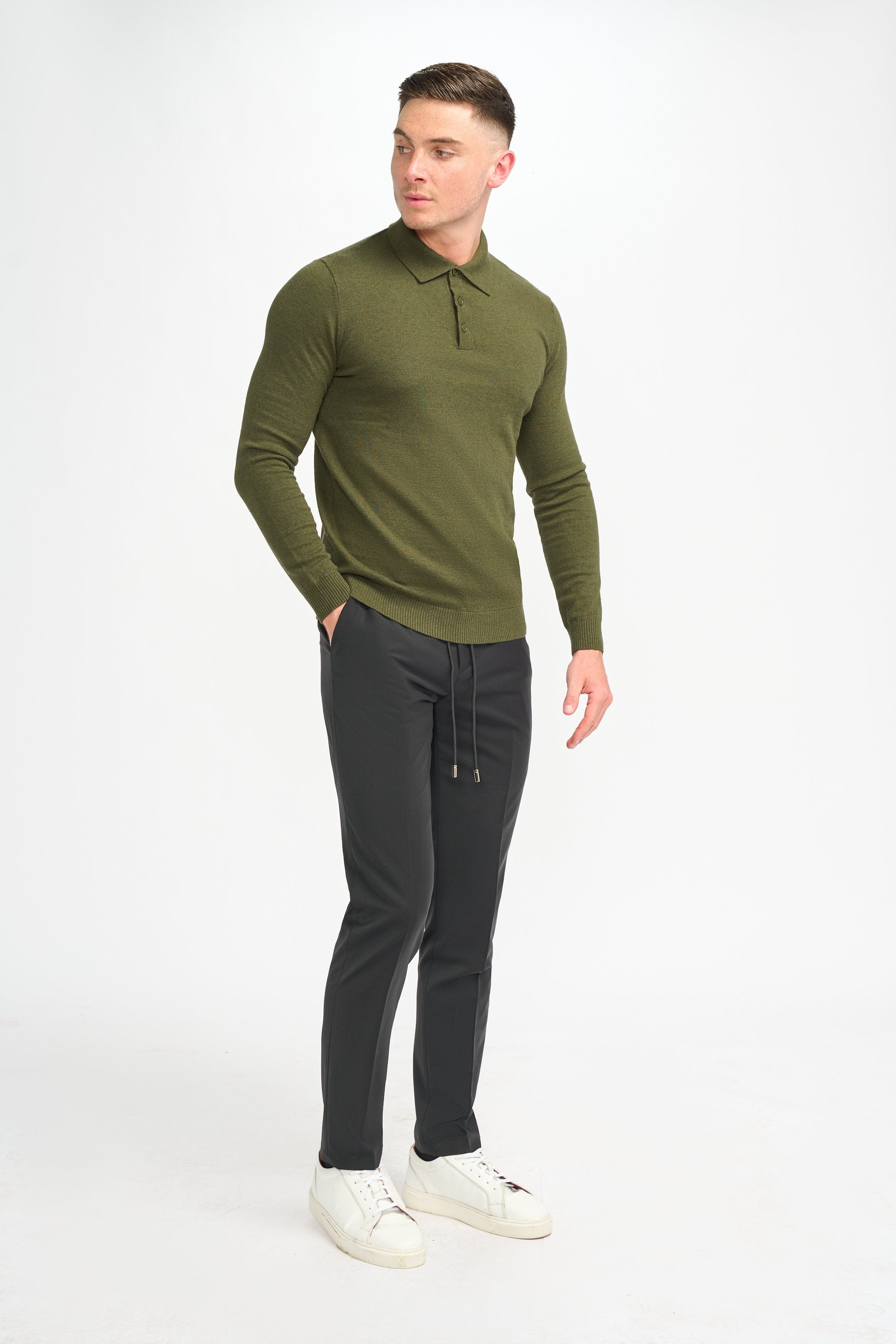 Men’s Wool Knit Long Sleeve Polo Shirt - Boom - Olive Green