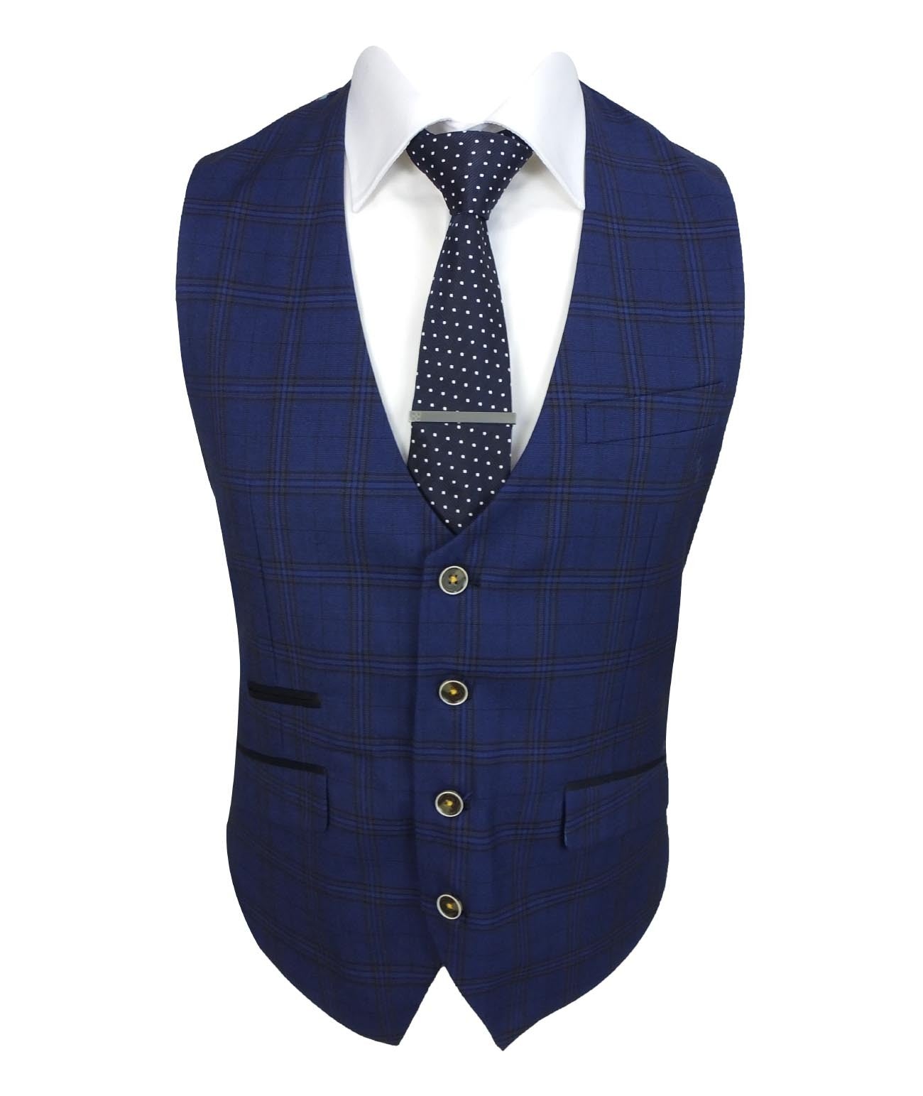 Costume slim fit à carreaux 3 pièces pour hommes - MARCELLO - Bleu Marine