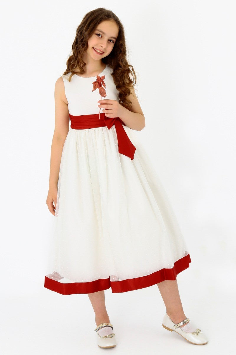 Girls Sleeveless Tulle Communion Dress - White - Red