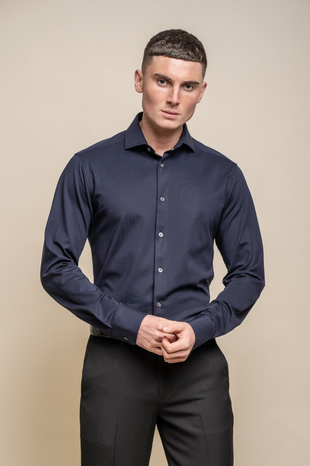 Chemise en coton ajustée à manches longues pour hommes - ASHLEY - Bleu Marine