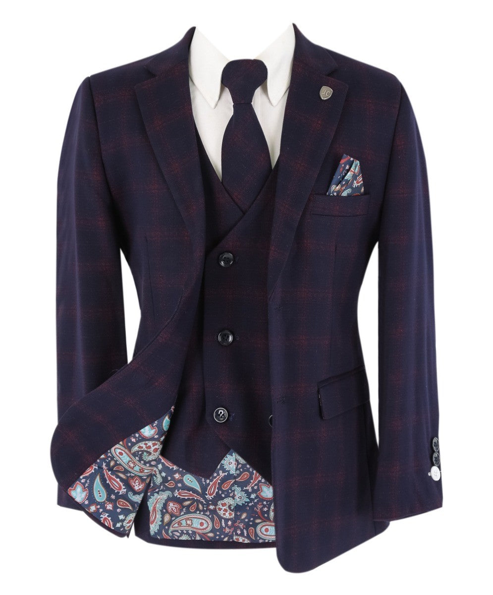 Boys Retro Check Tailored Fit Navy Suit - Navy Blue and Burgundy