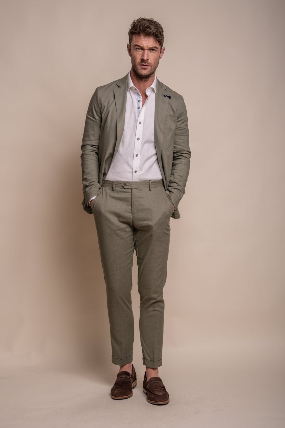 Men's Slim Fit Linen Jacket & Trousers Suit Set - ALVARI - Sage