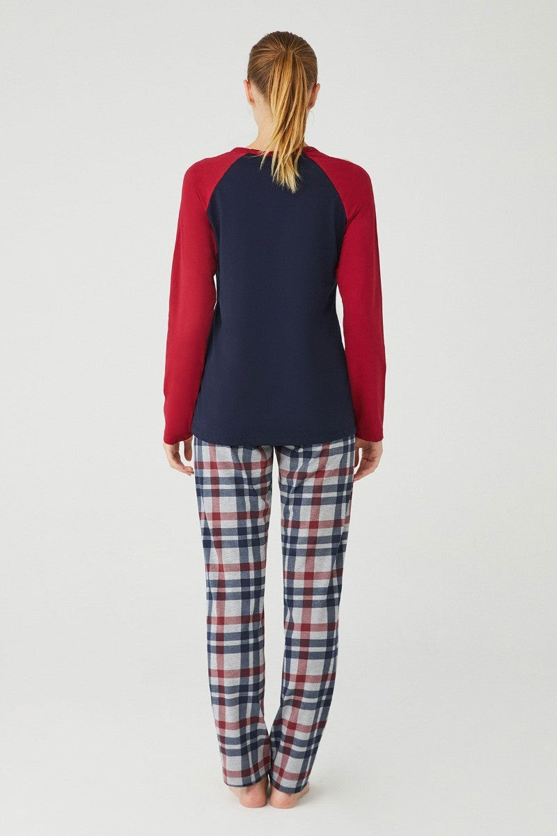 Damen Bequemer Navy & Bordeaux Pyjama - Bordeaux - Navyblau