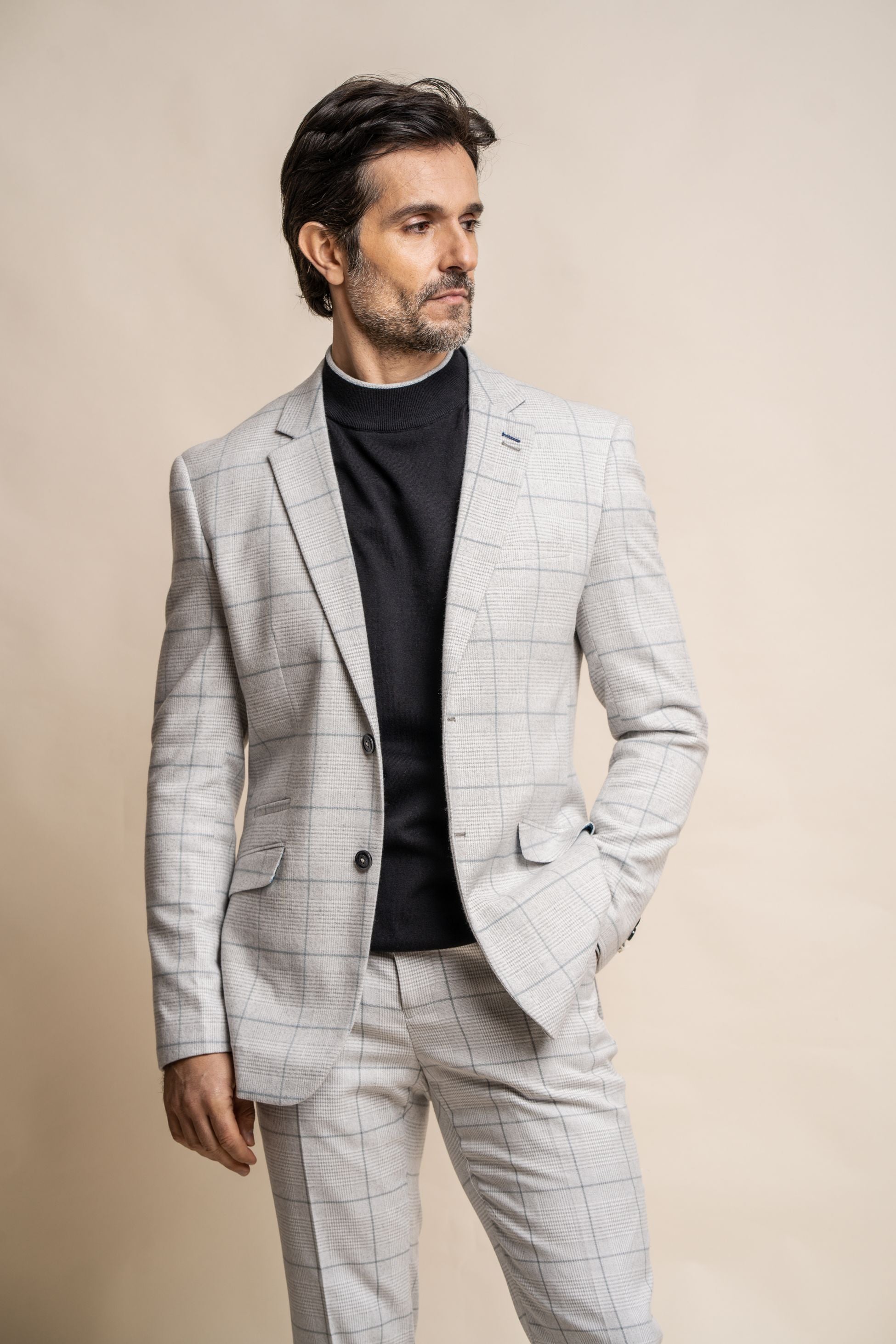 Men's Retro Check Grey Suit Jacket - RADIKA - Light Grey