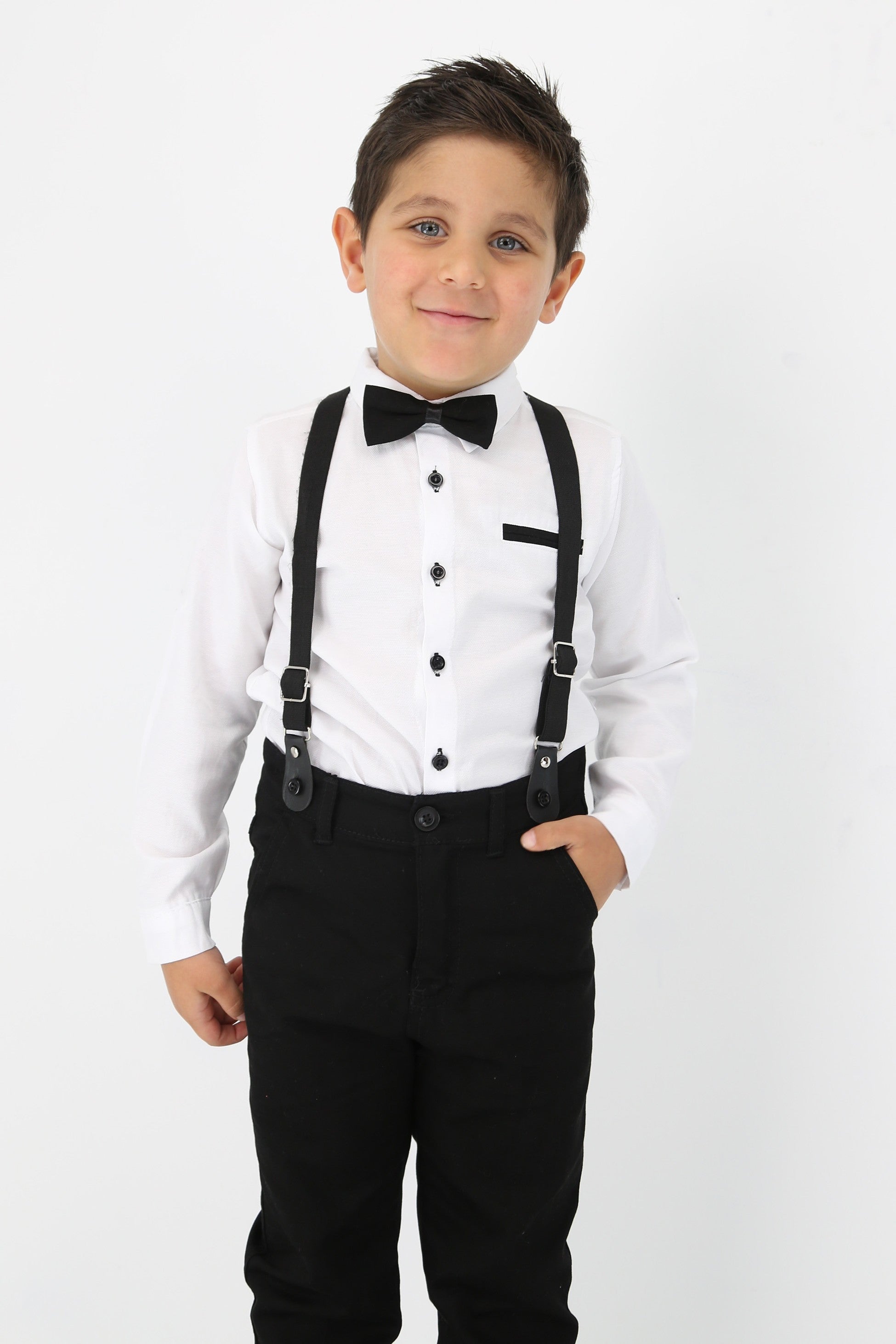 Baby & Boy Gentleman Outfit - 4 Piece Suspenders Pant Suit Set - OXFORD - White - Navy Blue