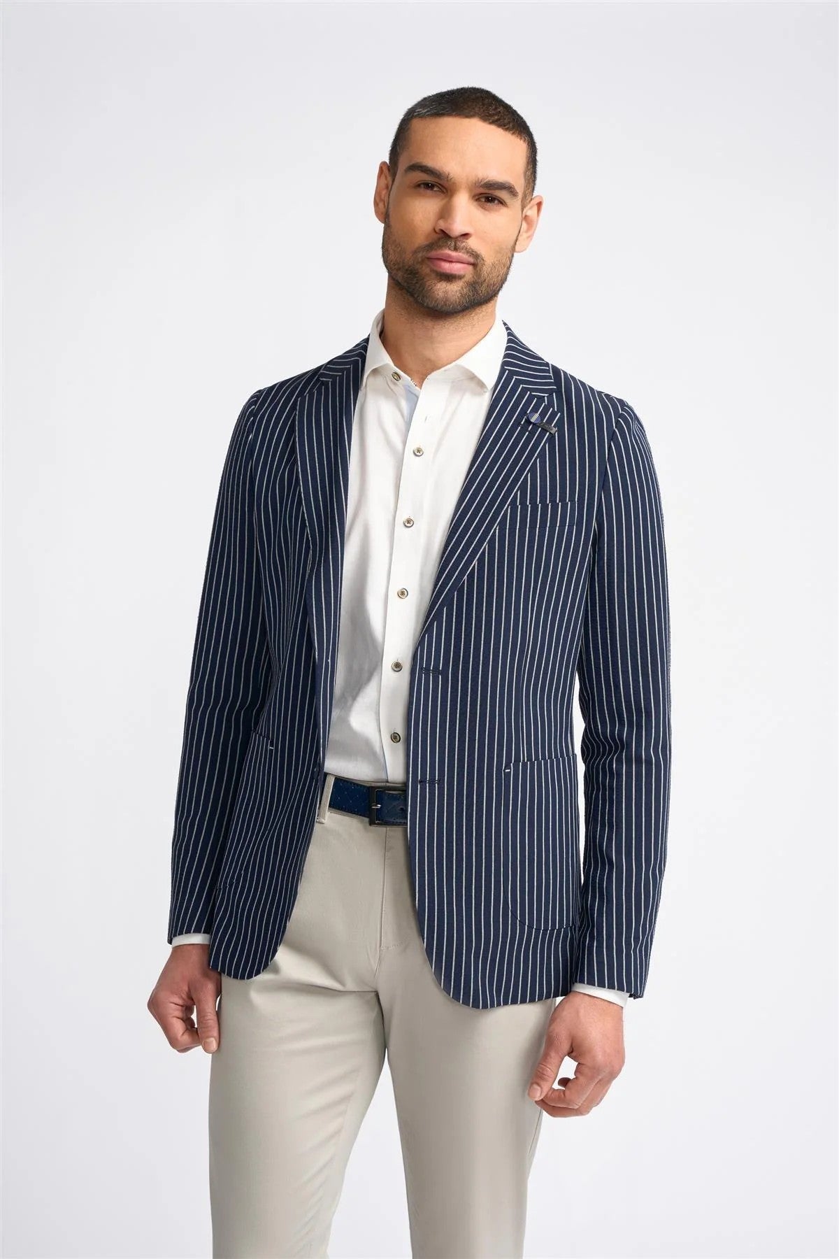 Herren Slim Fit Nadelstreifen Marine Blazer - JULIAN - Marineblau